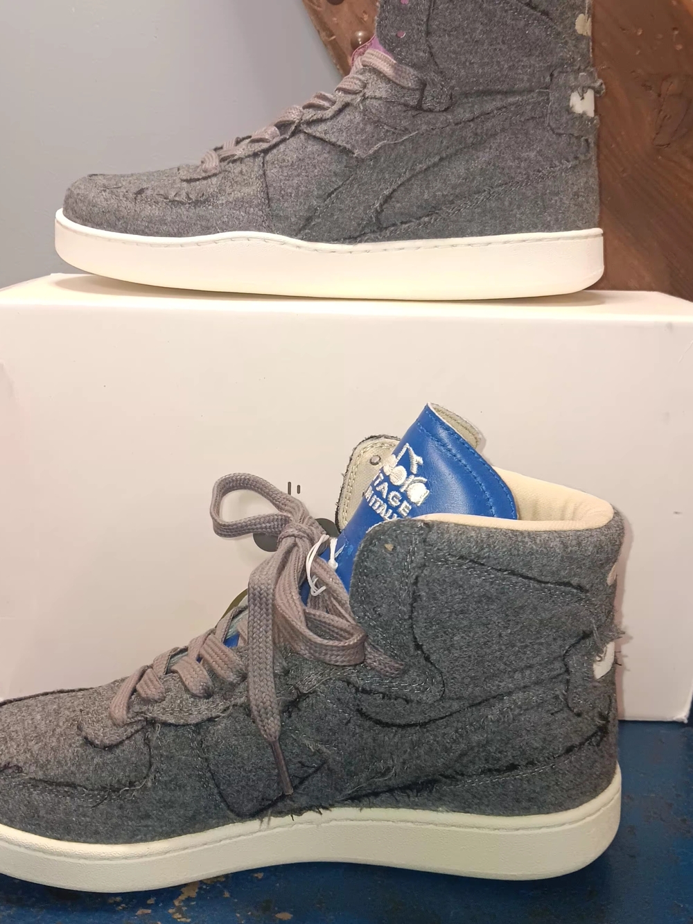 Diadora High-Top Wool Sneakers in Heather Gray with Blue Tongue - Picture 4 of 7